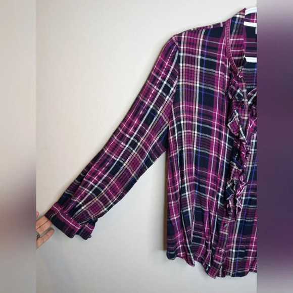 Chico's Purple Navy Ruffled Plaid Button Down Blouse Size 2 - Large Womens - Picture 9 of 11